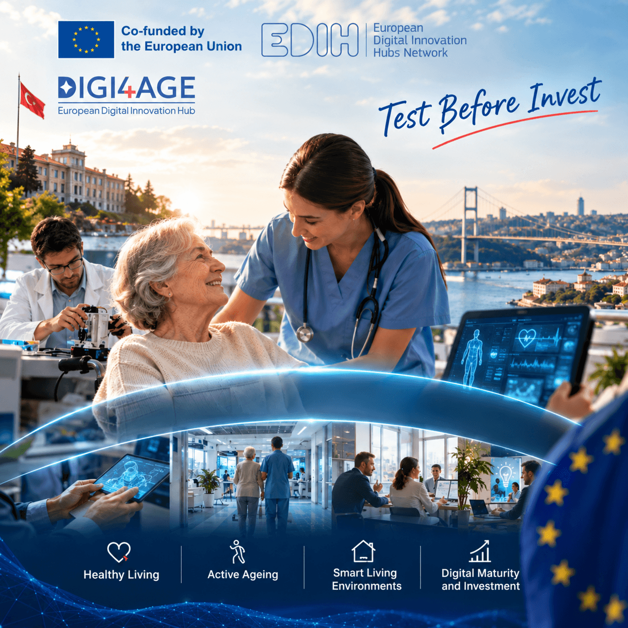 DIGI4AGE overview image: Test Before Invest; healthy living, active ageing, smart living environments, digital well-being and investment