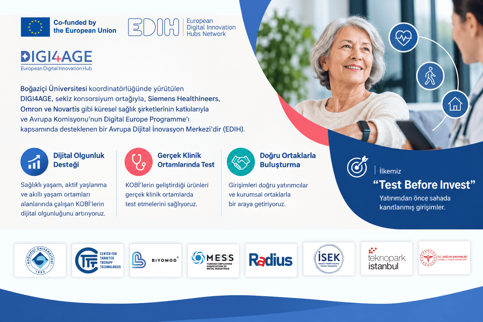 DIGI4AGE tanıtım görseli: Avrupa Dijital İnovasyon Merkezi, dijital olgunluk desteği, gerçek klinik ortamlarda test, doğru ortaklarla buluşturma ve konsorsiyum ortakları